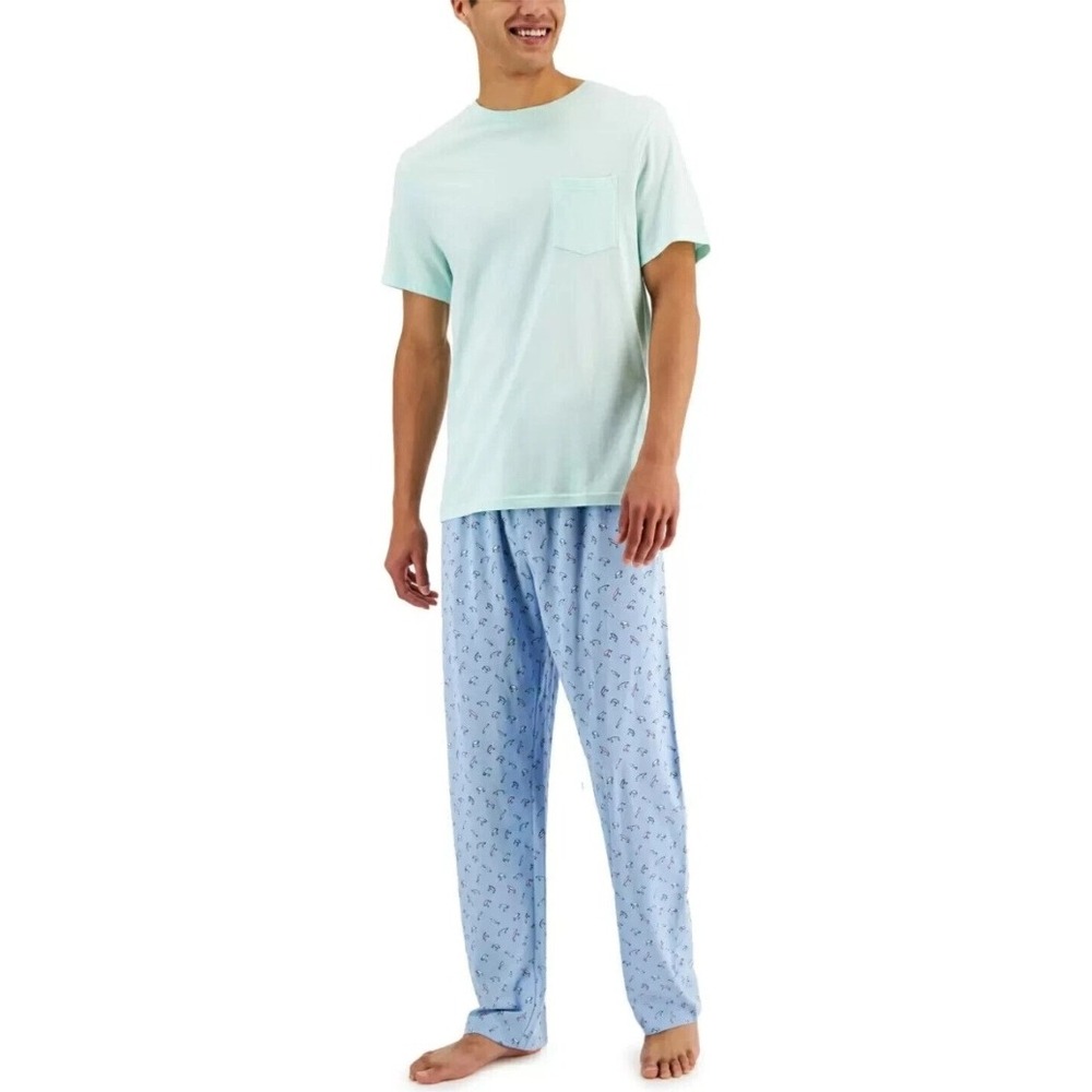 Club Room Mens Lounge Set Knit T-Shirt and Pants Sleepwear Blue Fishing XL NWT